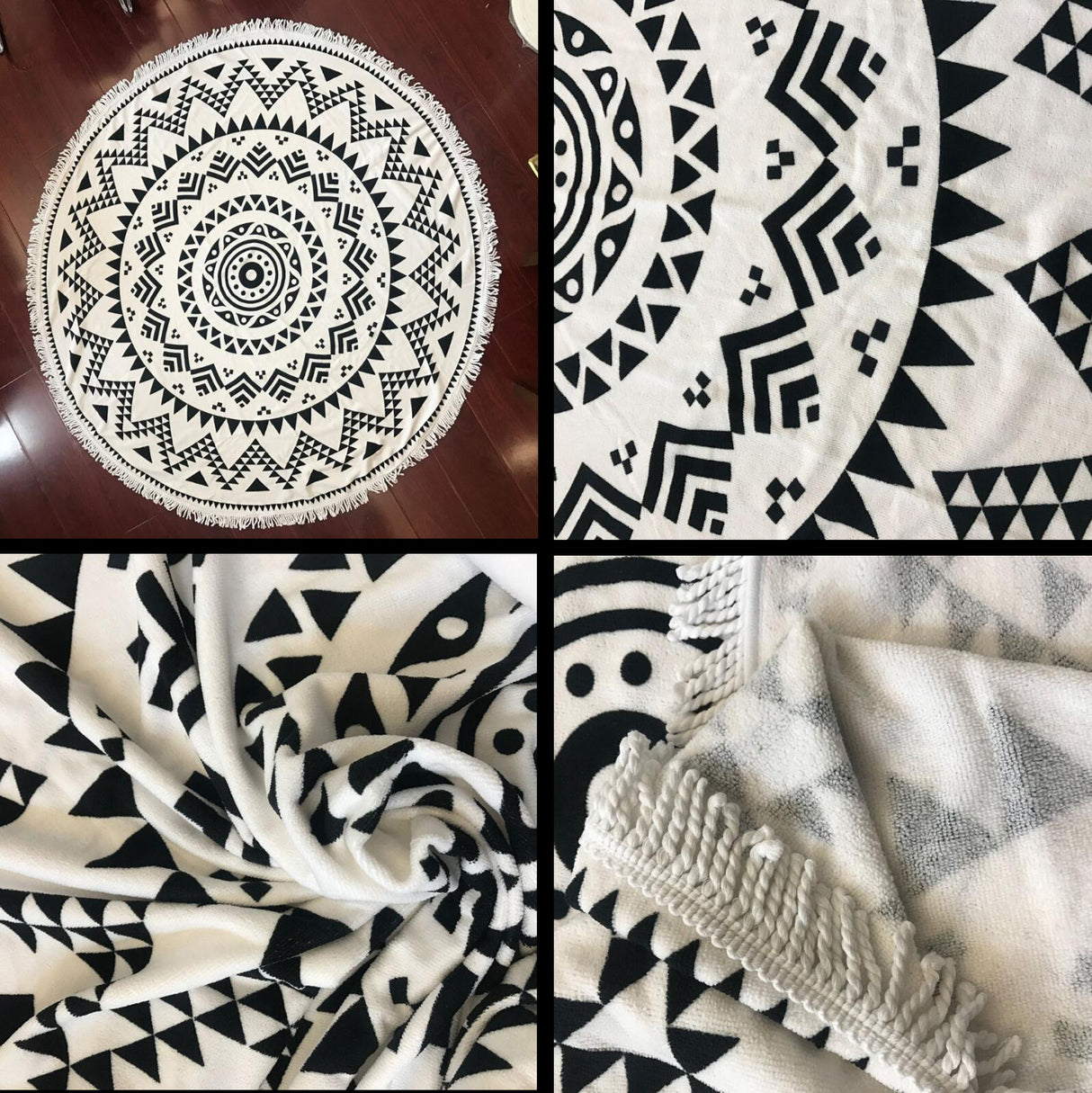 Grande couverture de plage ronde en microfibre avec pompons