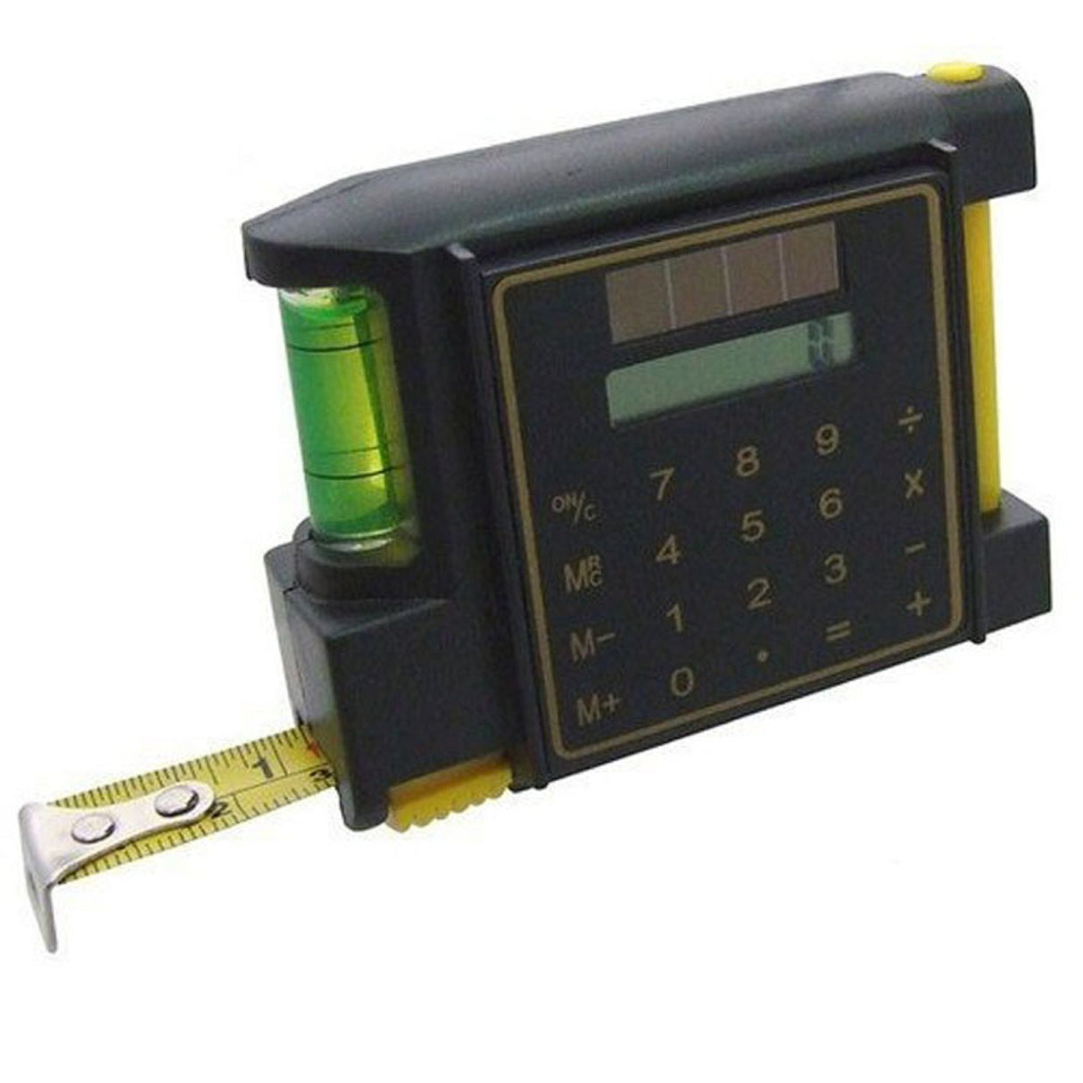 Cinta métrica con nivel de burbuja, bolígrafo y calculadora