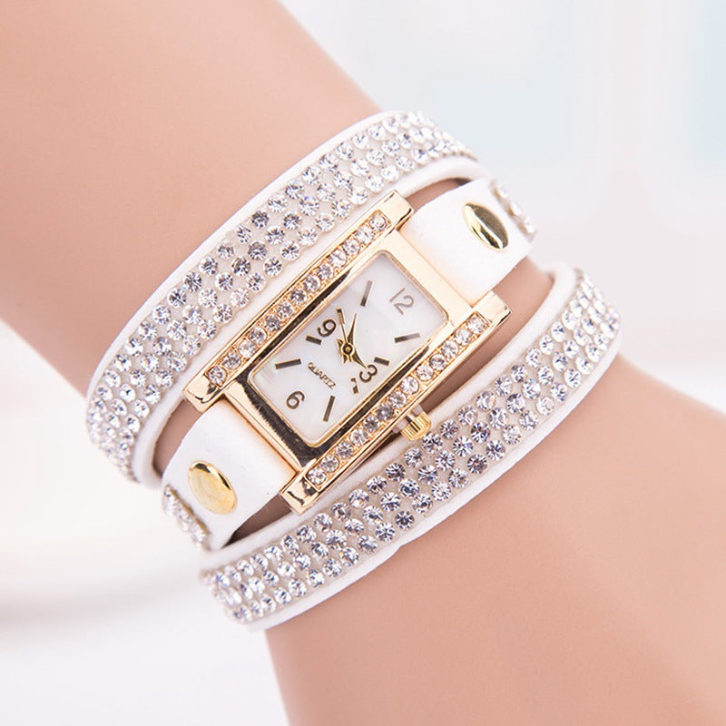 Reloj de pulsera de cuero con tejido de diamantes de imitación