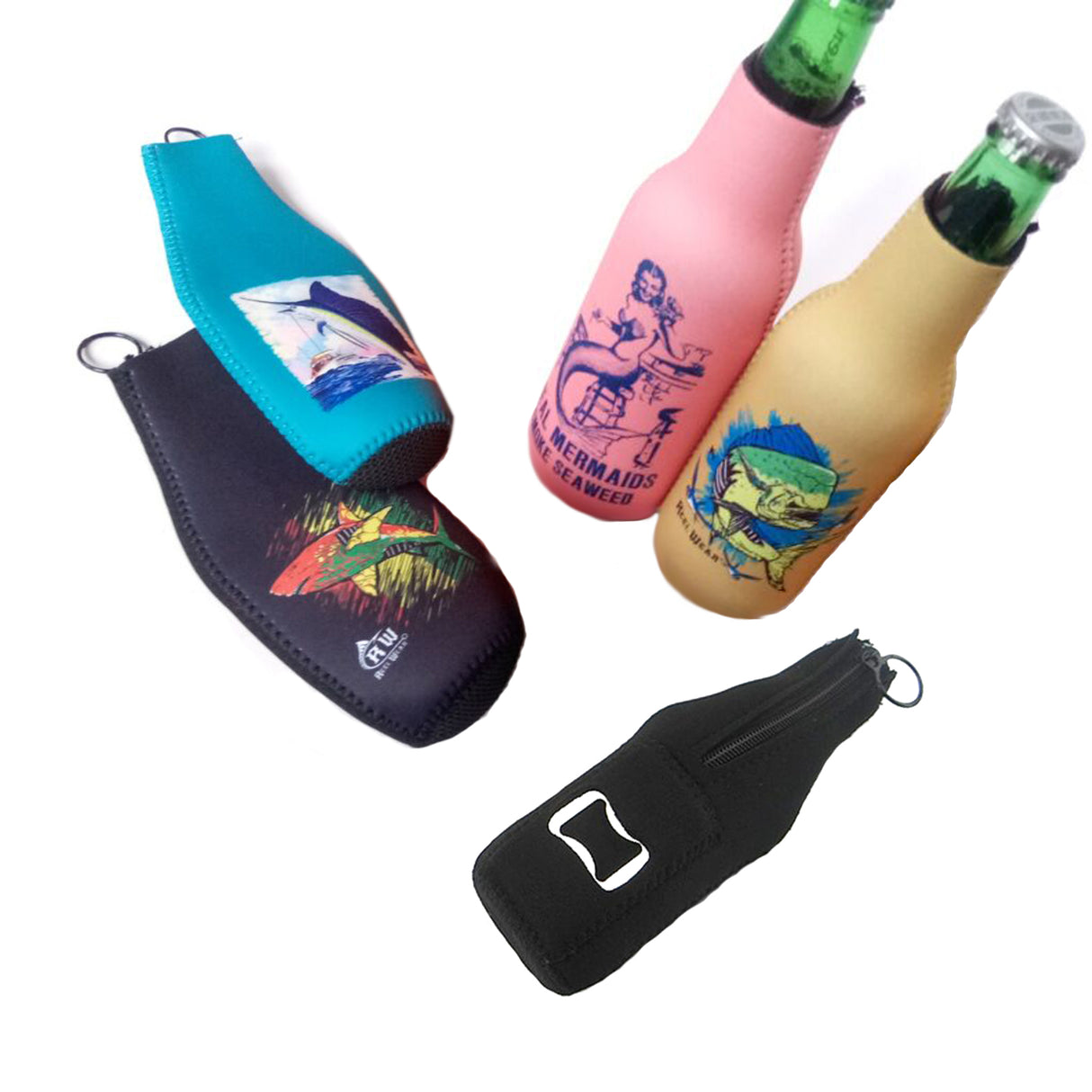 Funda de neopreno para botella con cremallera y abridor de botellas