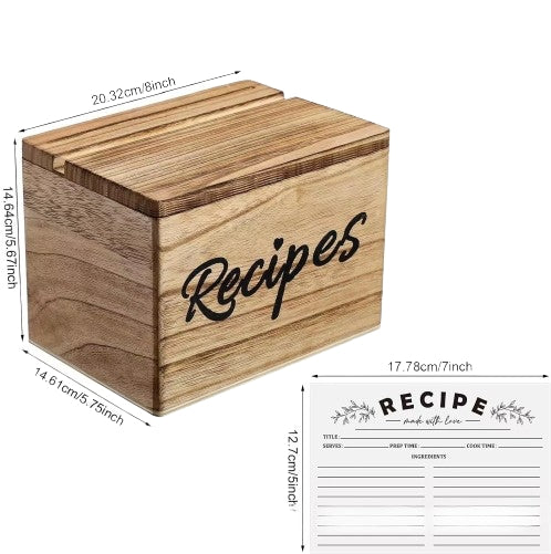 Caja de recetas de madera con tarjetas de recetas