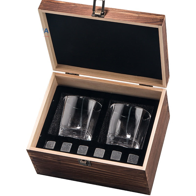 Whiskey Glass Stone Wooden Box Set