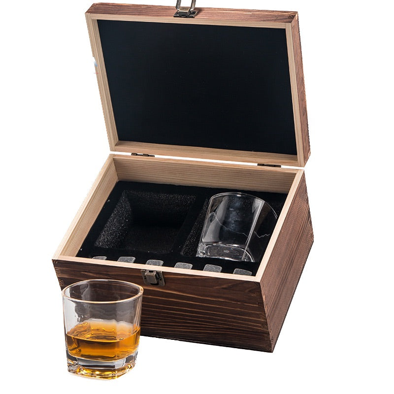 Whiskey Glass Stone Wooden Box Set