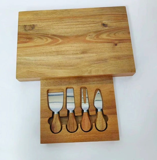 Bamboo Cheese Board & 4 Piece Utensil Set