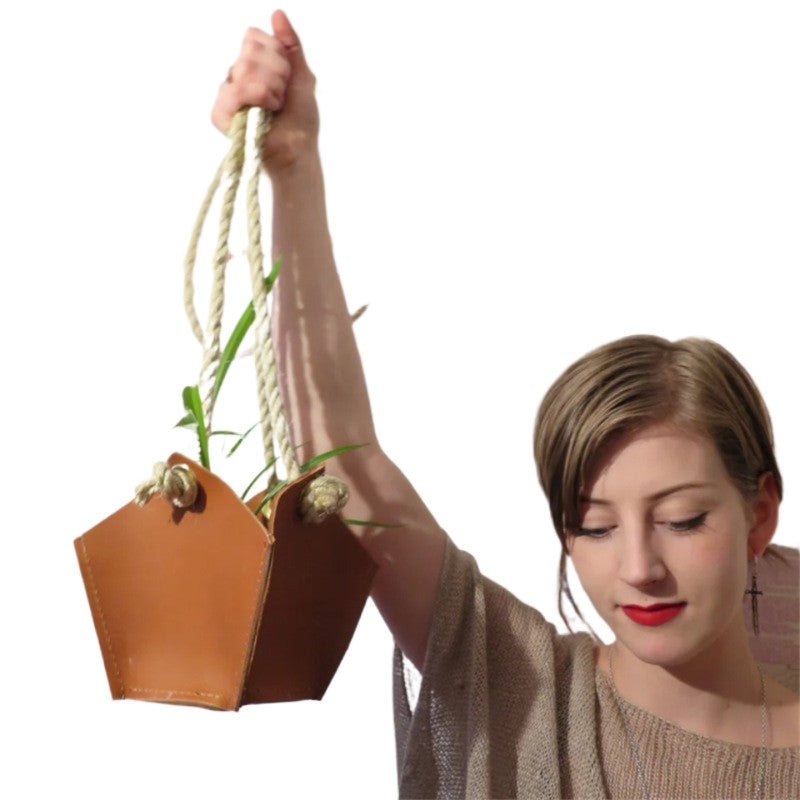 Pot de fleurs en cuir avec corde de suspension