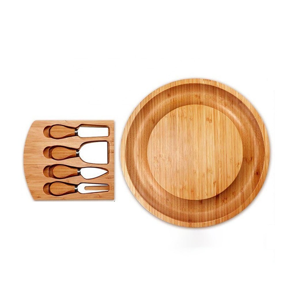 Bamboo Round Cheese Board W/4 Knives Set - Yorkn Inc✅
