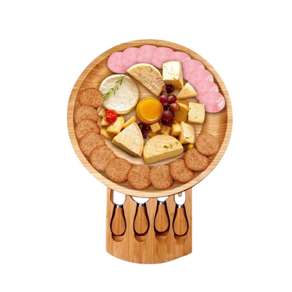 Bamboo Round Cheese Board W/4 Knives Set - Yorkn Inc✅