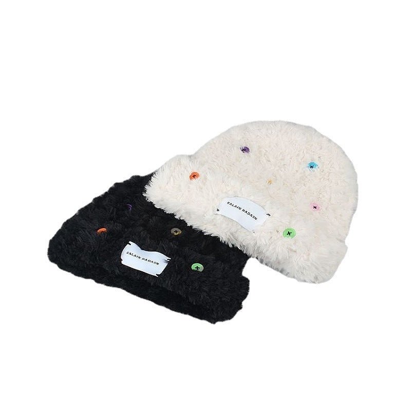 Furry Beanie With Button Decor - Yorkn Inc✅