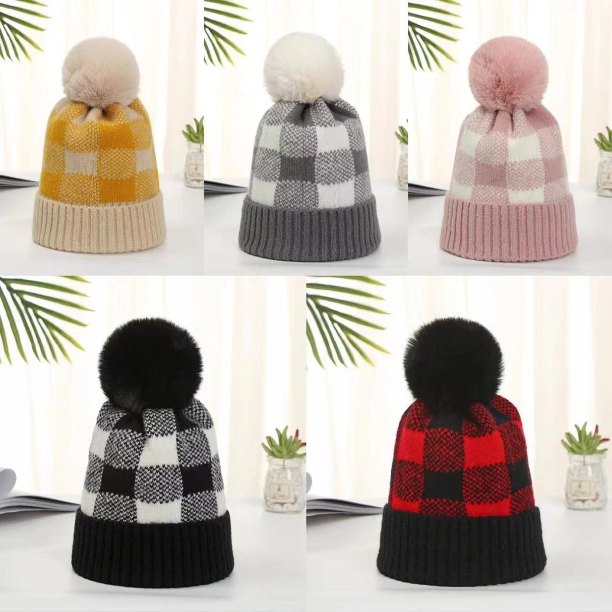 Plaid Beanie With Pompom - Yorkn Inc✅