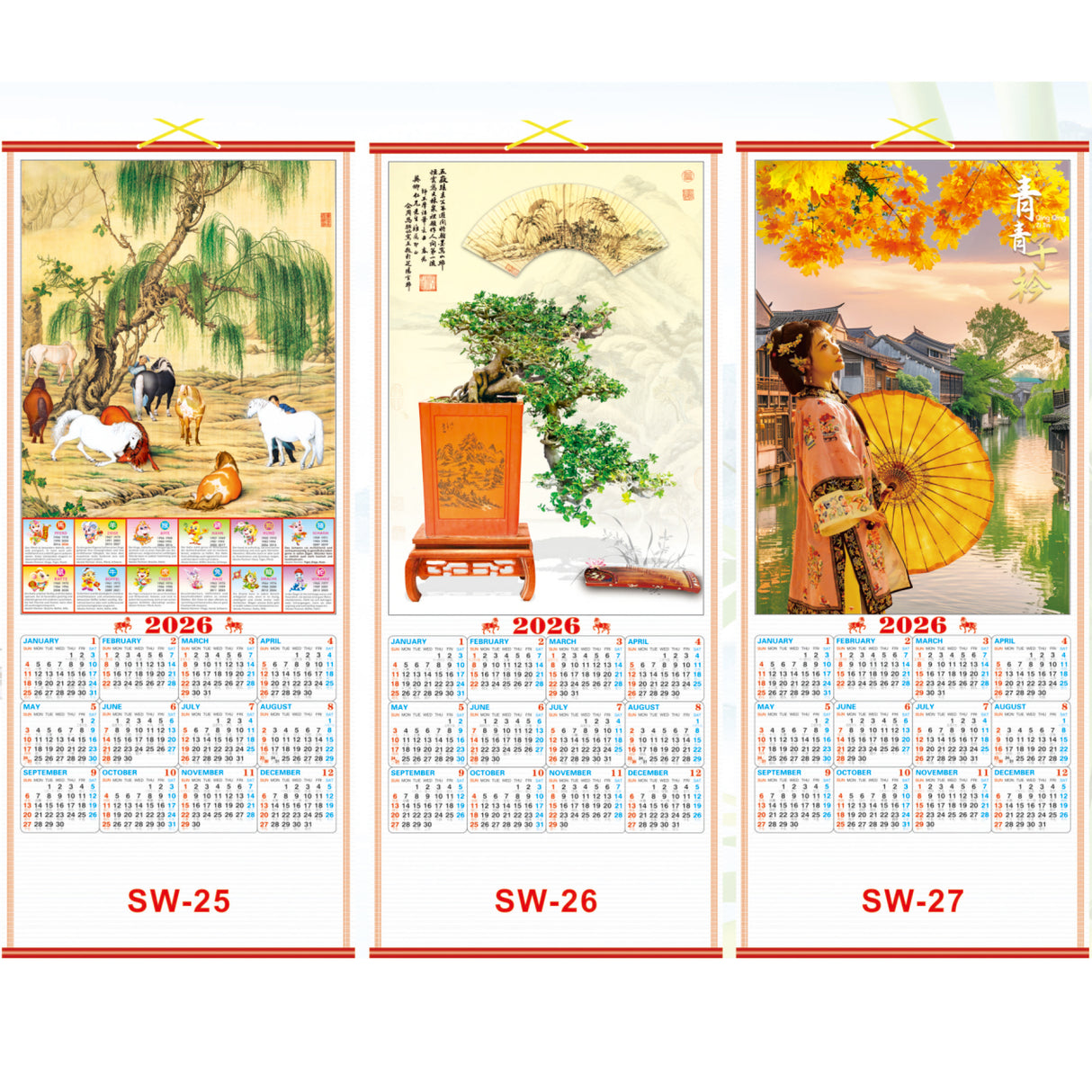 Calendario de pared de desplazamiento 2026 Año del Caballo 