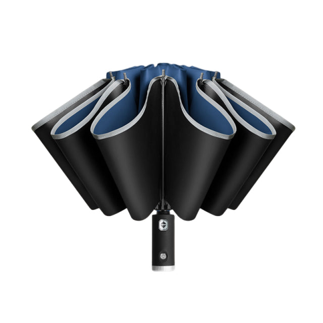 Parapluie à inversion automatique avec poignée de lampe torche LED et bord réfléchissant 