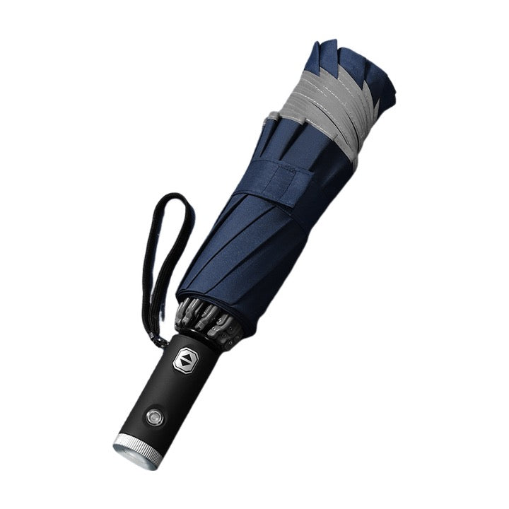 Parapluie à inversion automatique avec poignée de lampe torche LED et bord réfléchissant 