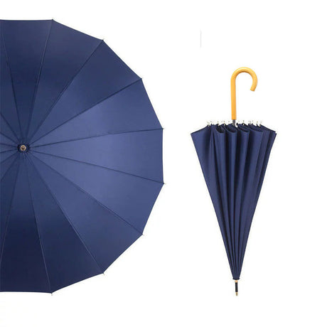 Classic Windproof Straight Umbrella 16 Ribs Wood Crook Handle