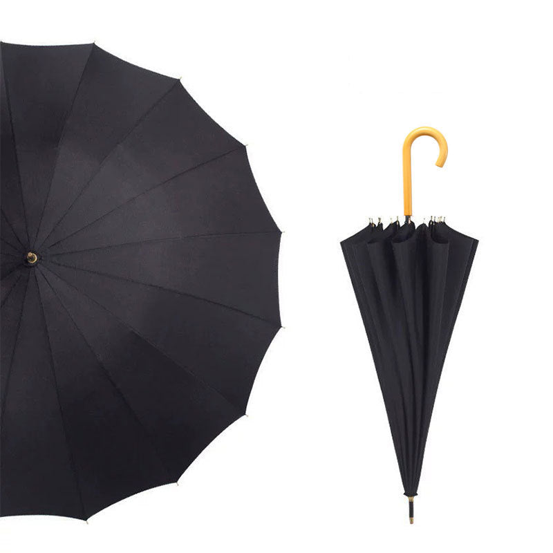Parapluie droit classique coupe-vent à 16 baleines et poignée courbée en bois 