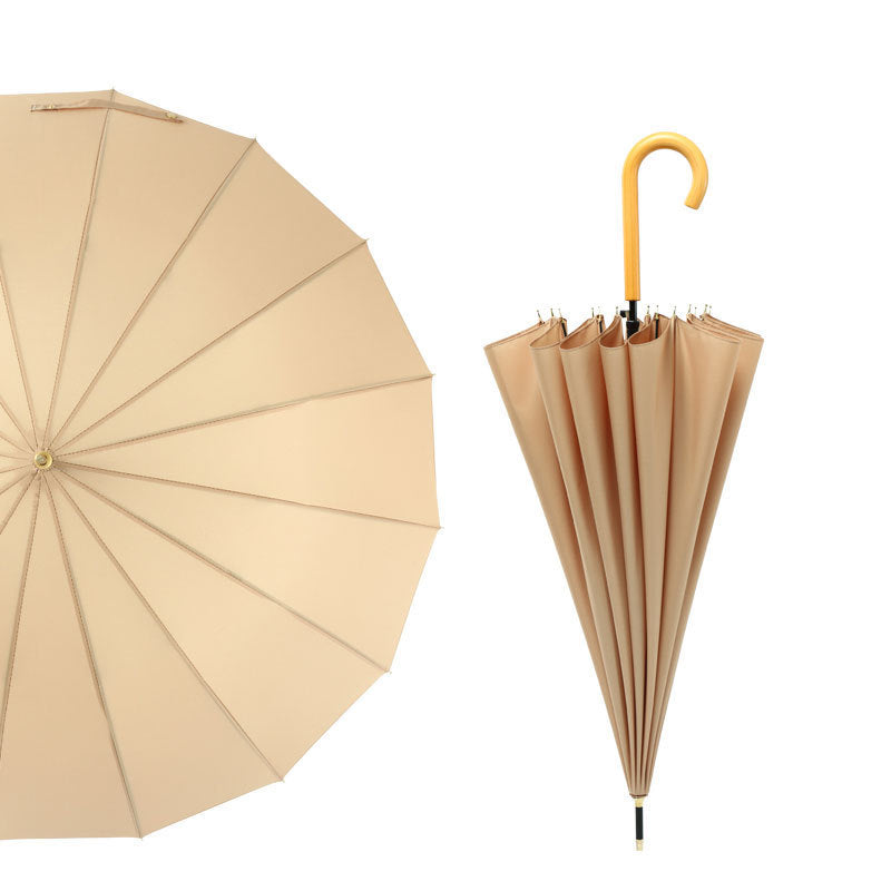 Parapluie droit classique coupe-vent à 16 baleines et poignée courbée en bois 