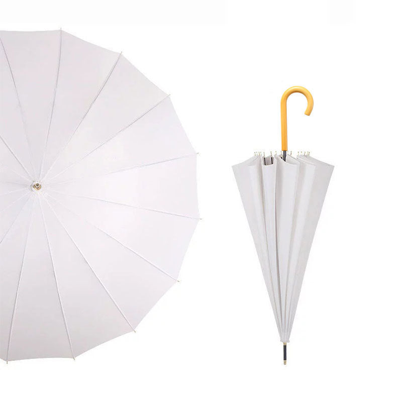 Parapluie droit classique coupe-vent à 16 baleines et poignée courbée en bois 