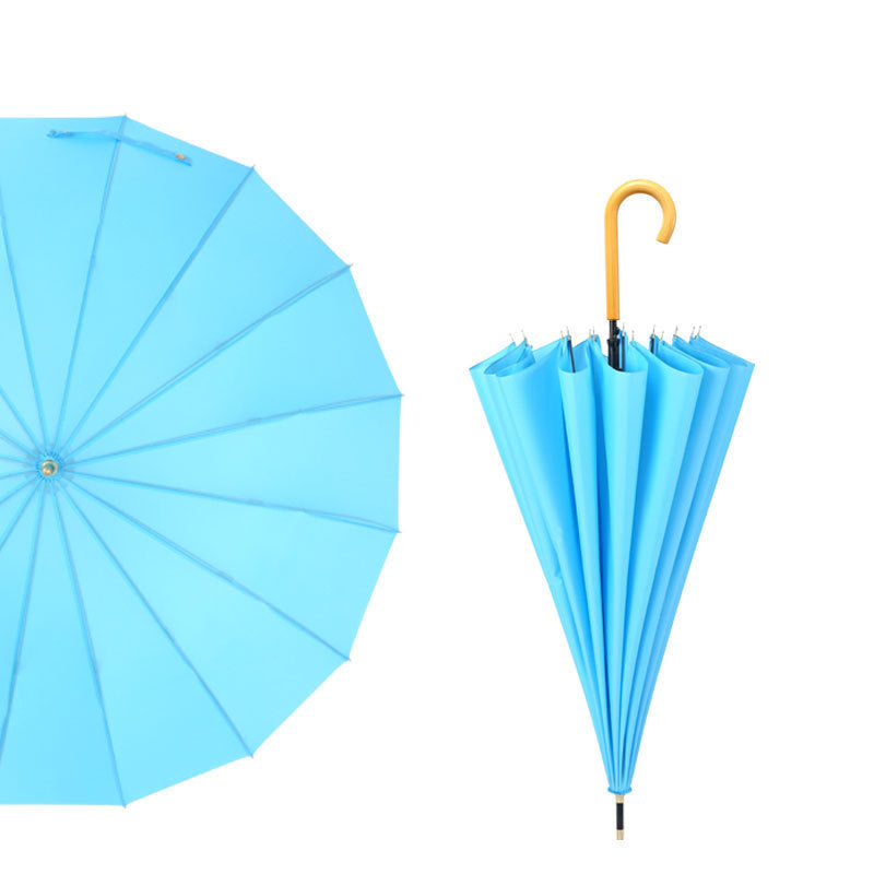 Parapluie droit classique coupe-vent à 16 baleines et poignée courbée en bois 