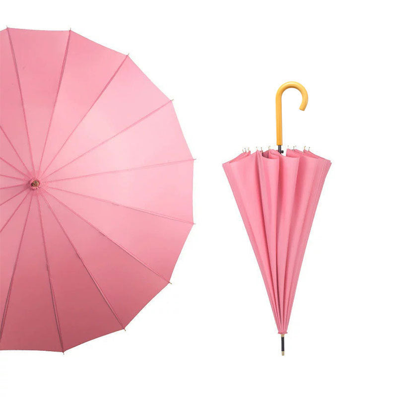 Parapluie droit classique coupe-vent à 16 baleines et poignée courbée en bois 