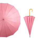 Parapluie droit classique coupe-vent à 16 baleines et poignée courbée en bois 