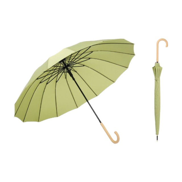 Parapluie droit classique coupe-vent à 16 baleines et poignée courbée en bois 