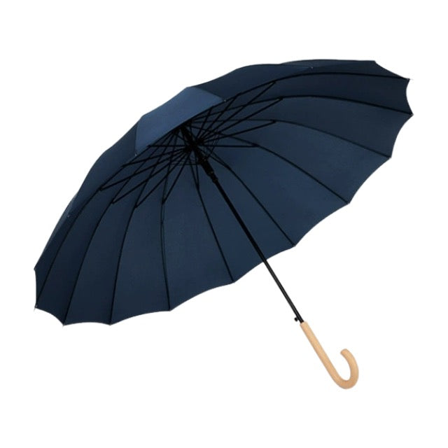 Parapluie droit classique coupe-vent à 16 baleines et poignée courbée en bois 