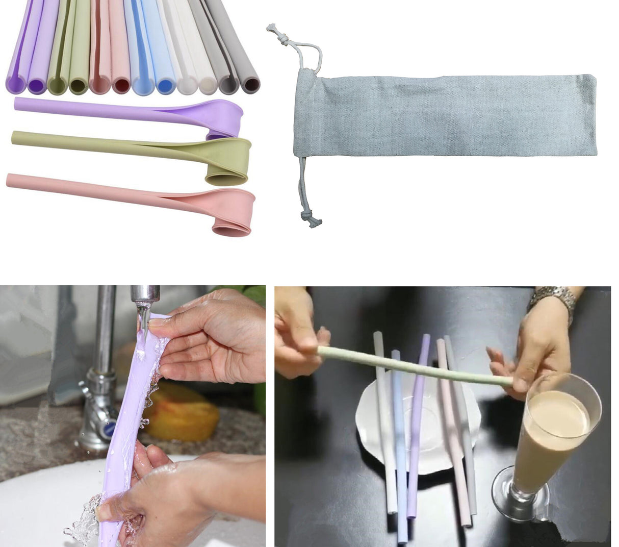 Pailles réutilisables en silicone avec sac 