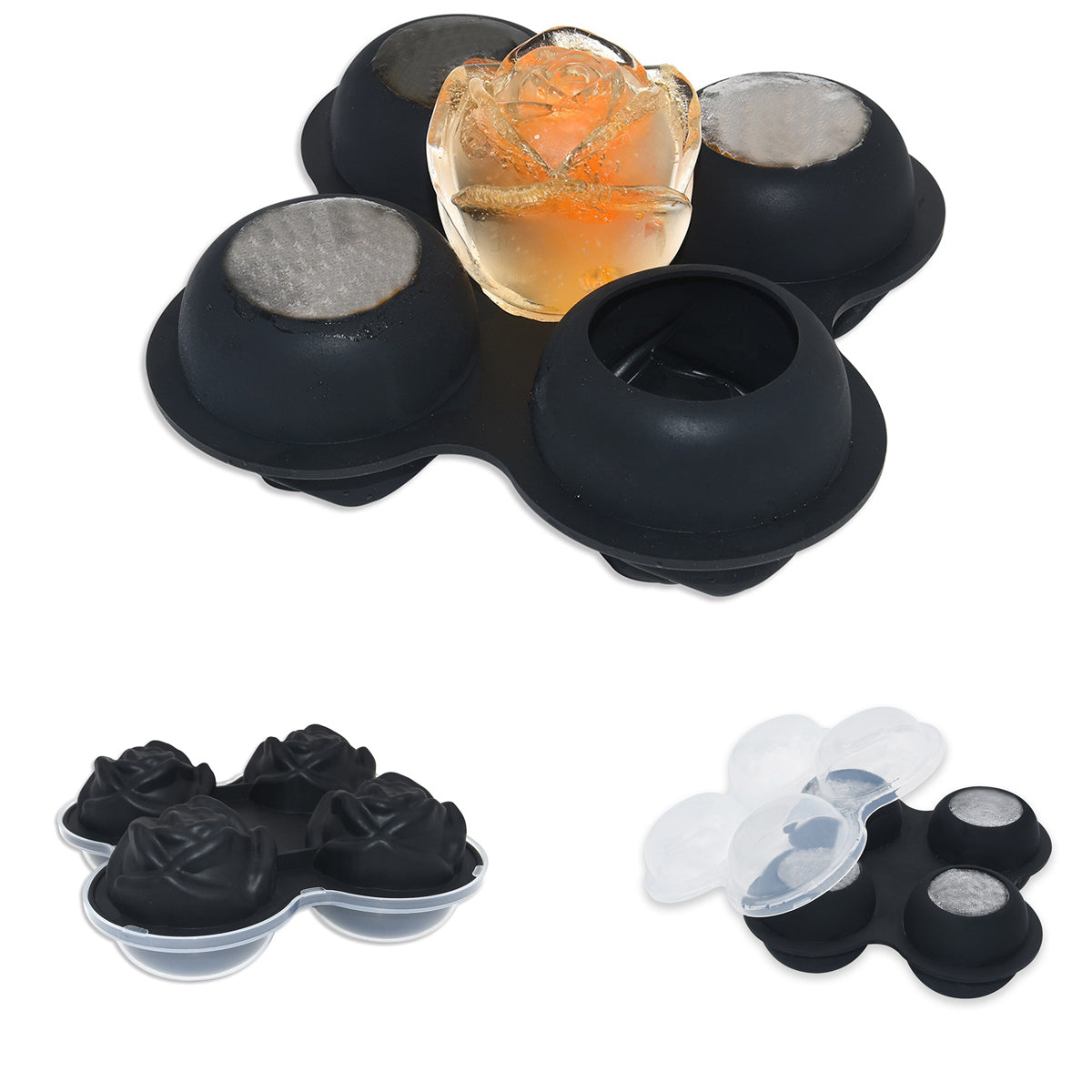 Molde de silicona 3D para cubitos de hielo con forma de rosa y tapa 