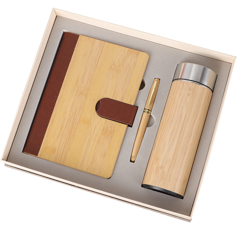 Carnet de notes en bambou, stylo, bouteille isotherme 