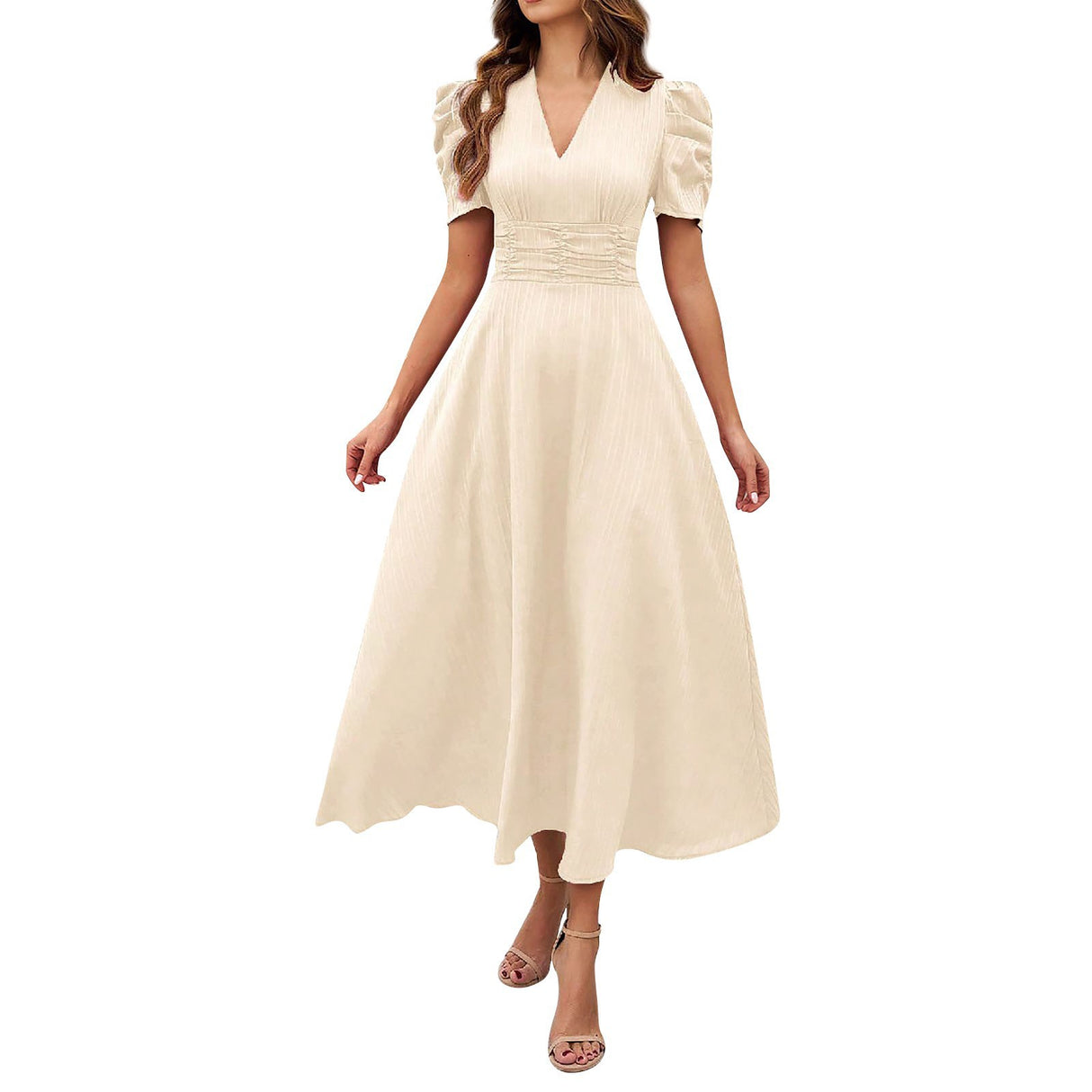 V Neck Puff Sleeve Ruched Waist Midi Dress