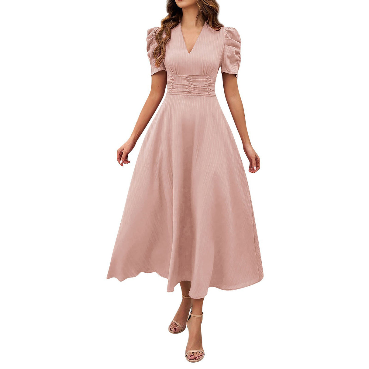 V Neck Puff Sleeve Ruched Waist Midi Dress