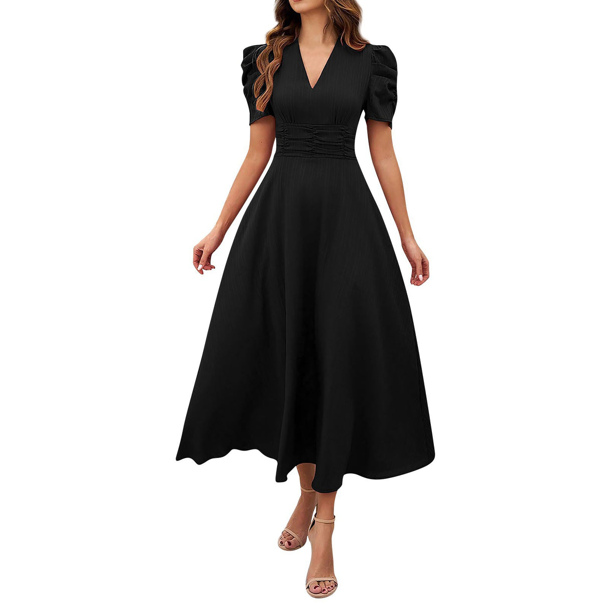 V Neck Puff Sleeve Ruched Waist Midi Dress