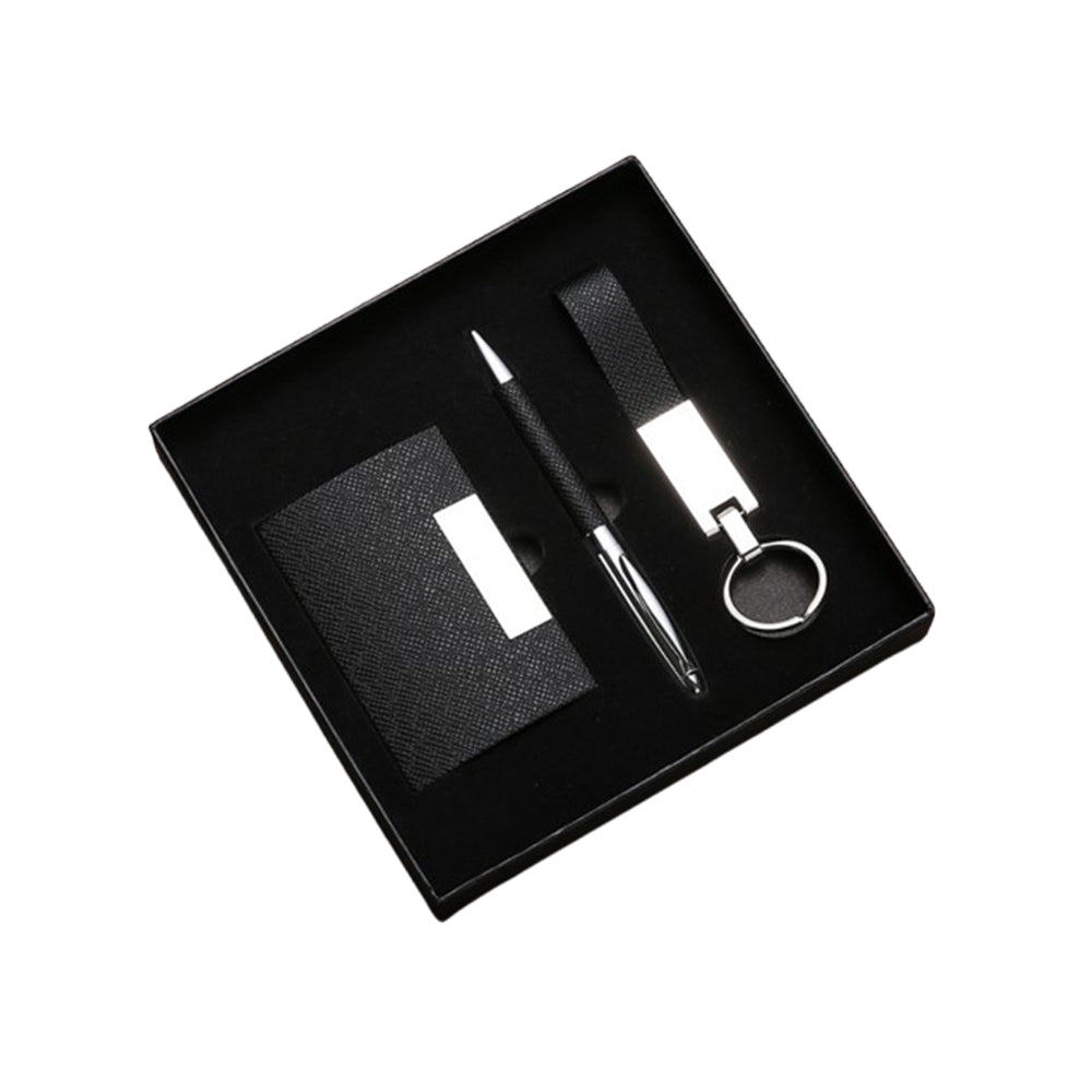 Premium Pu Leather Business Card Holder Keychain & Metal Pen Set