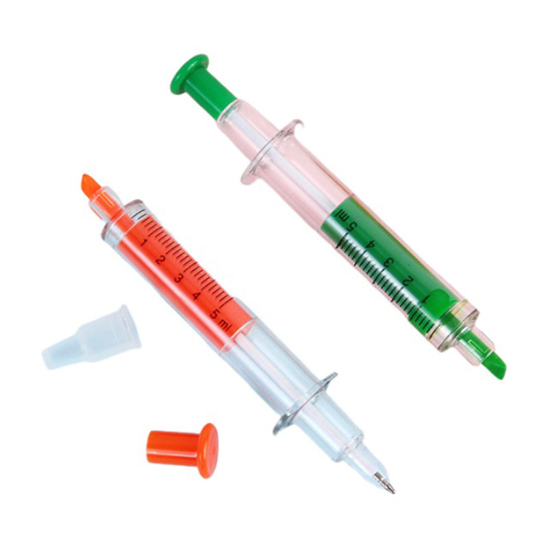 Stylo à double extrémité en forme de seringue (surligneur et stylo à bille) 