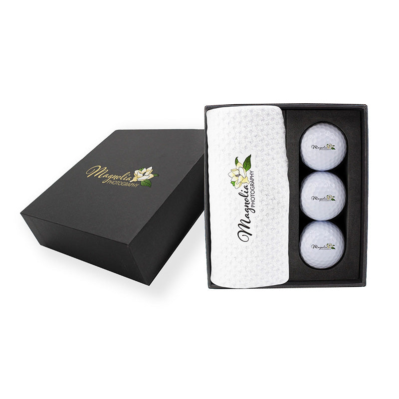 Mini caja de presentación con toalla y pelotas de golf 
