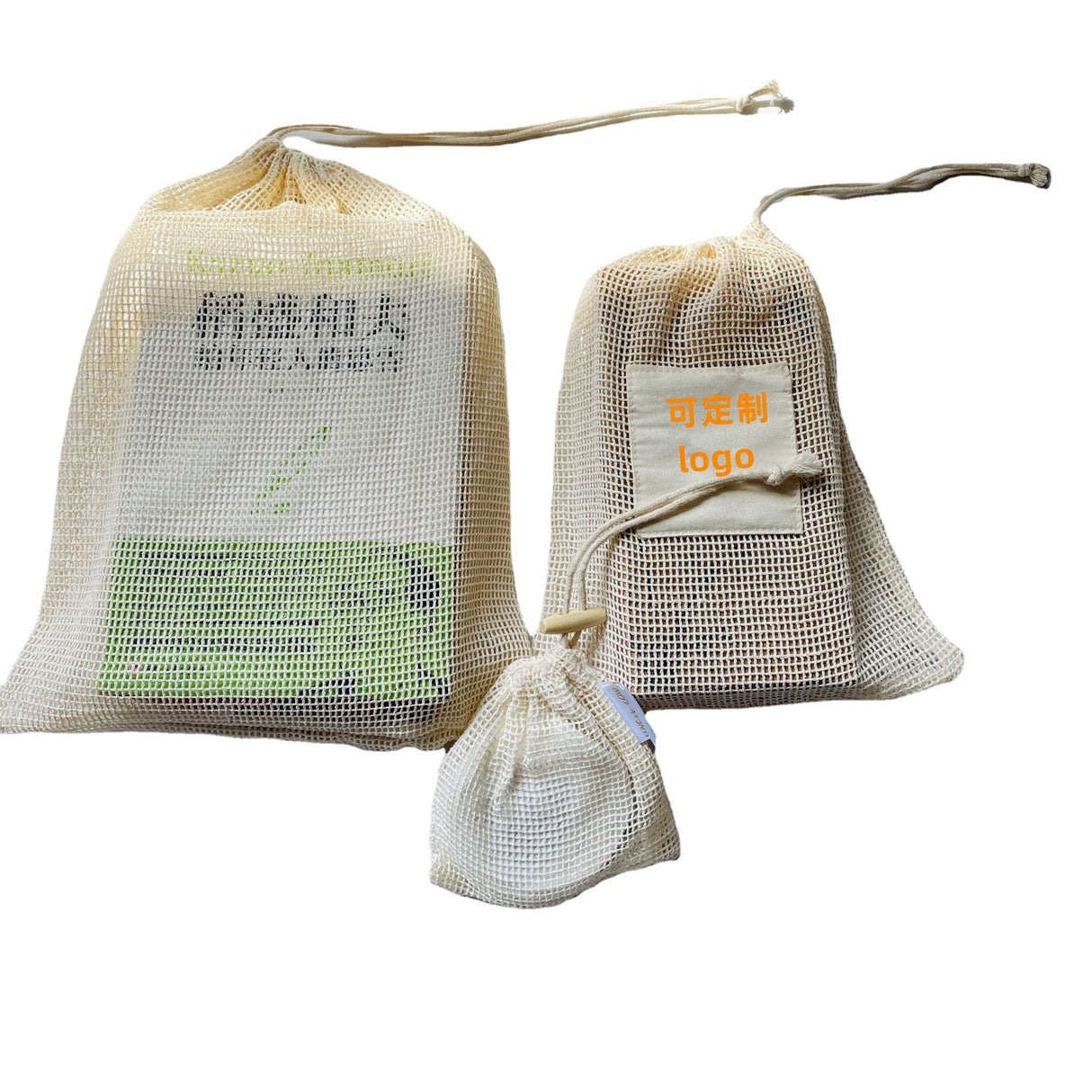 Bolsa de malla de algodón con cordón y etiqueta tejida para cosméticos cosida 