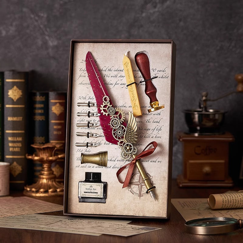 Pluma clásica con sello de cera y botella de tinta, incluye caja de regalo. 