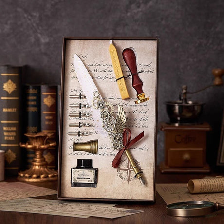 Classical Feather Pen Wax Seal Stamp And Ink Bottle Included Gift Box Packed Set - Yorkn Inc✅