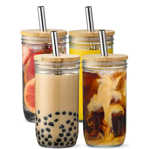 Drinking Glasses W Bamboo Lids & Straw - Yorkn Inc✅