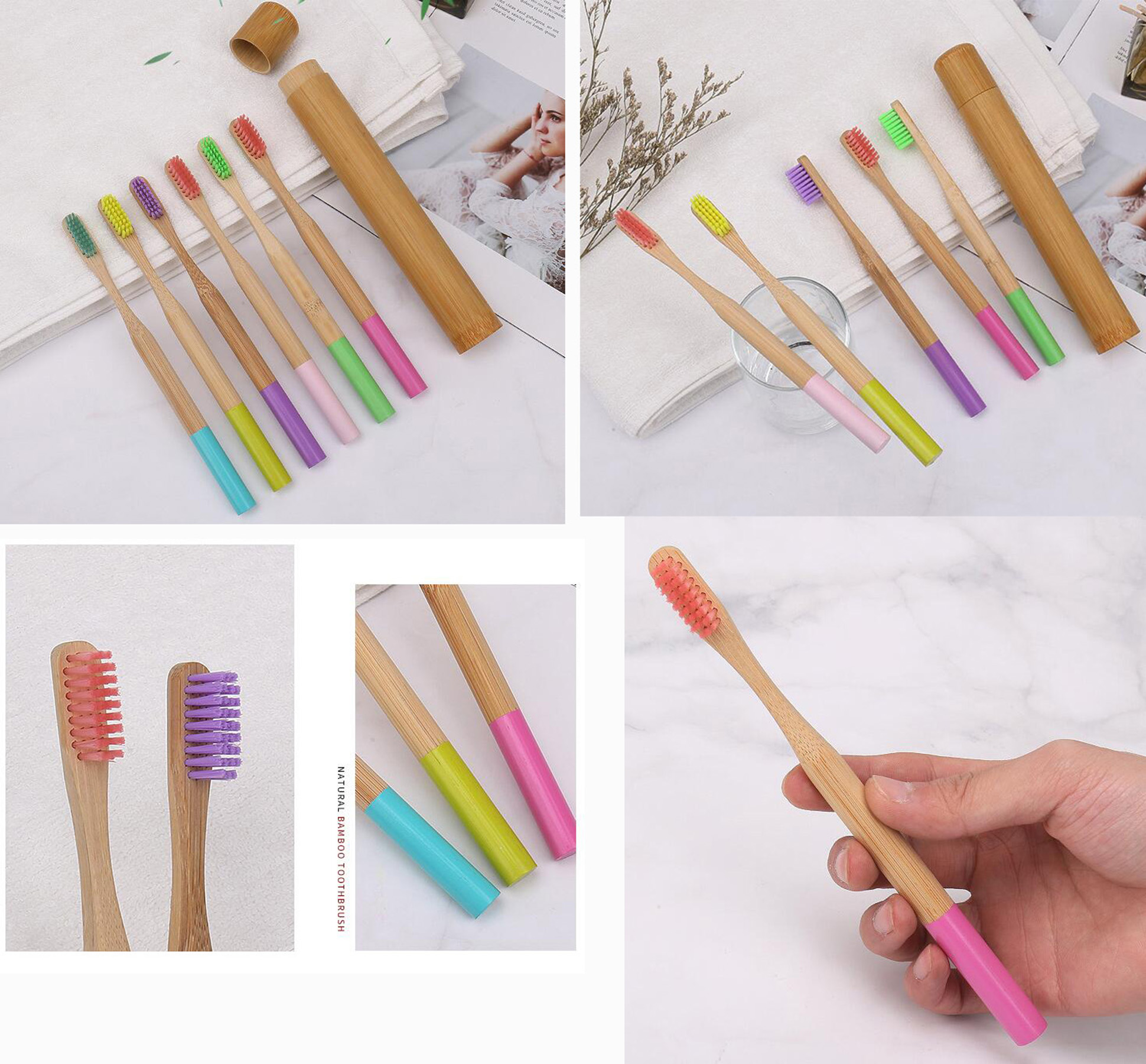 Brosse à dents portable en bambou naturel avec tube