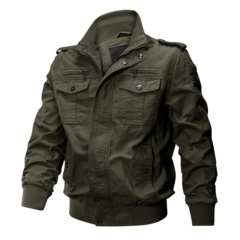 Multi Pockets Zip Front Stand Collar Military Jacket