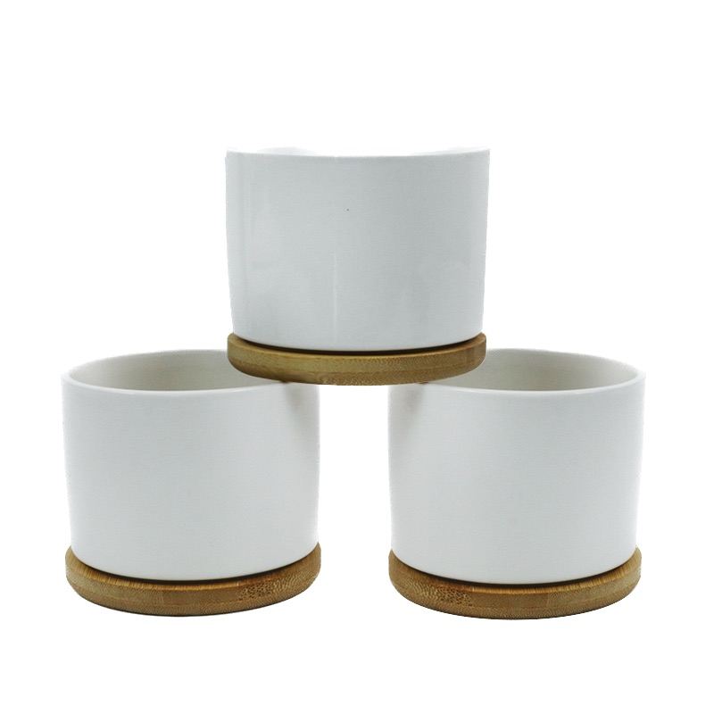 Ceramic Plant Pot With Bamboo Saucer view 2