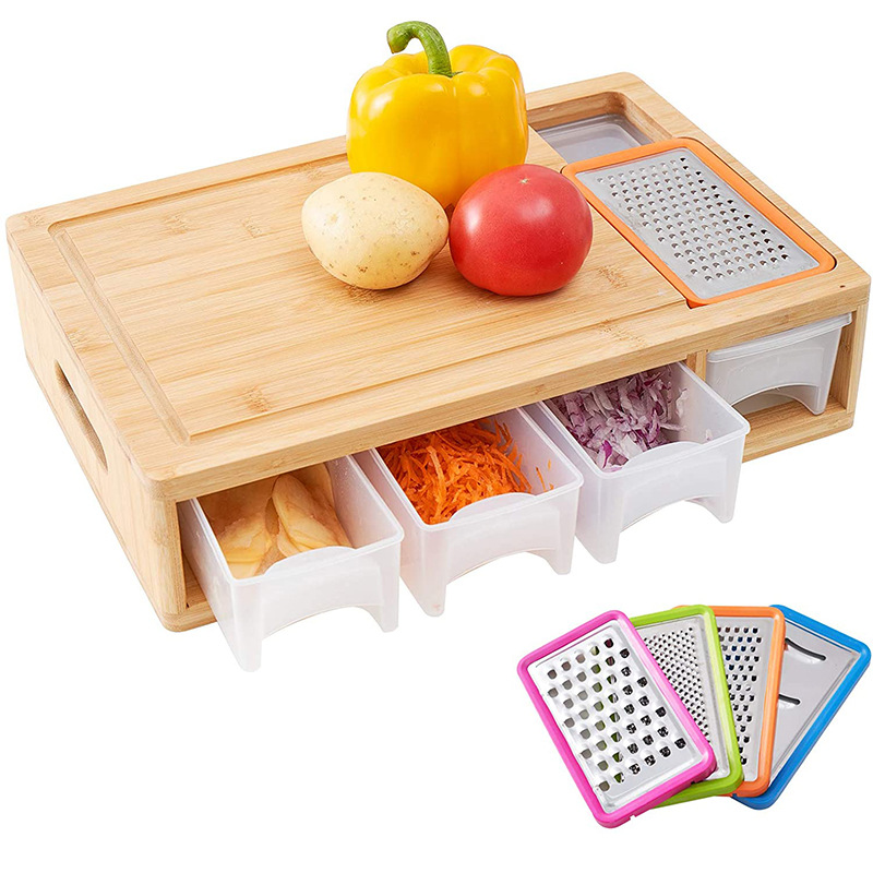 Tabla de cortar bambú con contenedores