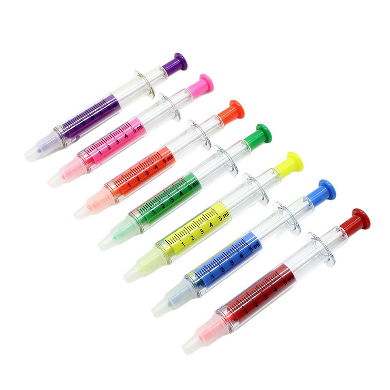 Stylo à double extrémité en forme de seringue (surligneur et point à bille)